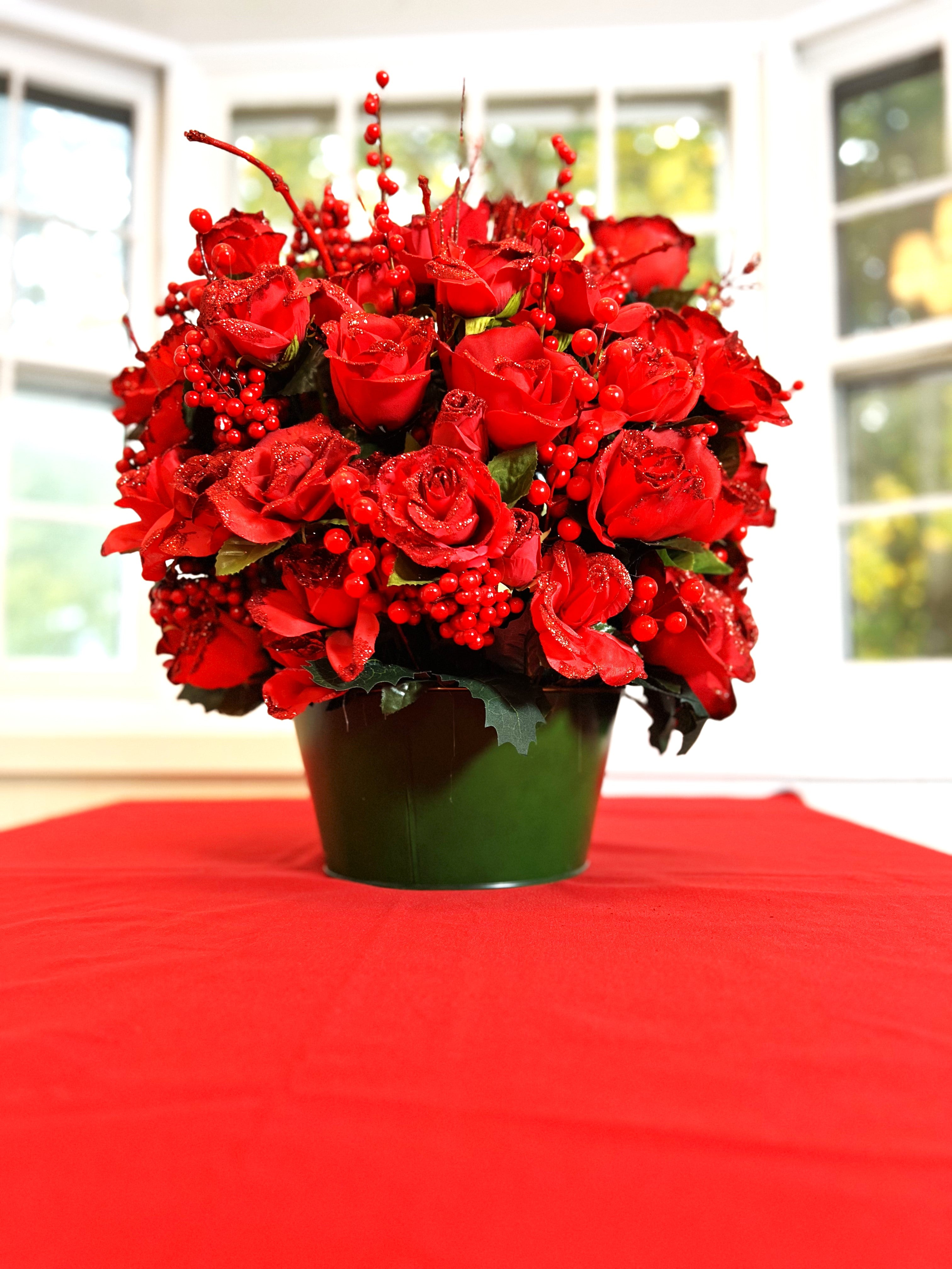 Classic Red Rose Christmas Centerpiece- 24" Long x 18" Wide