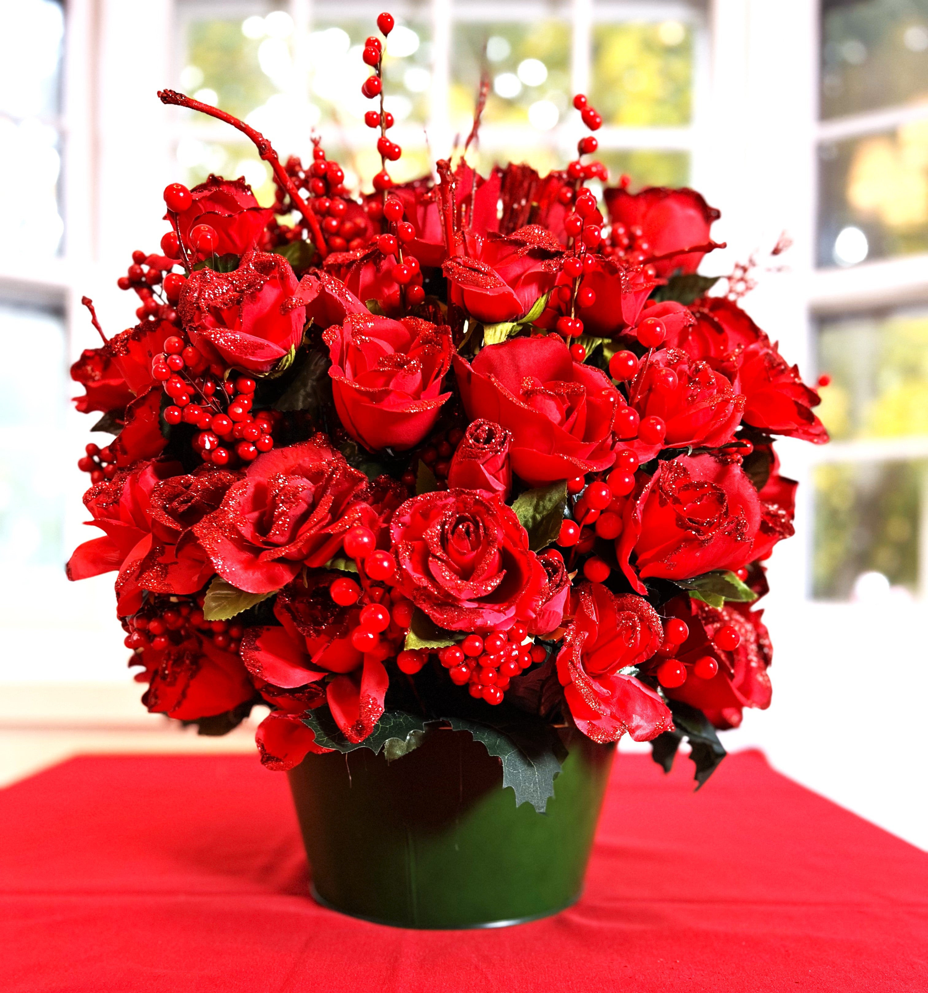 Classic Red Rose Christmas Centerpiece- 24" Long x 18" Wide