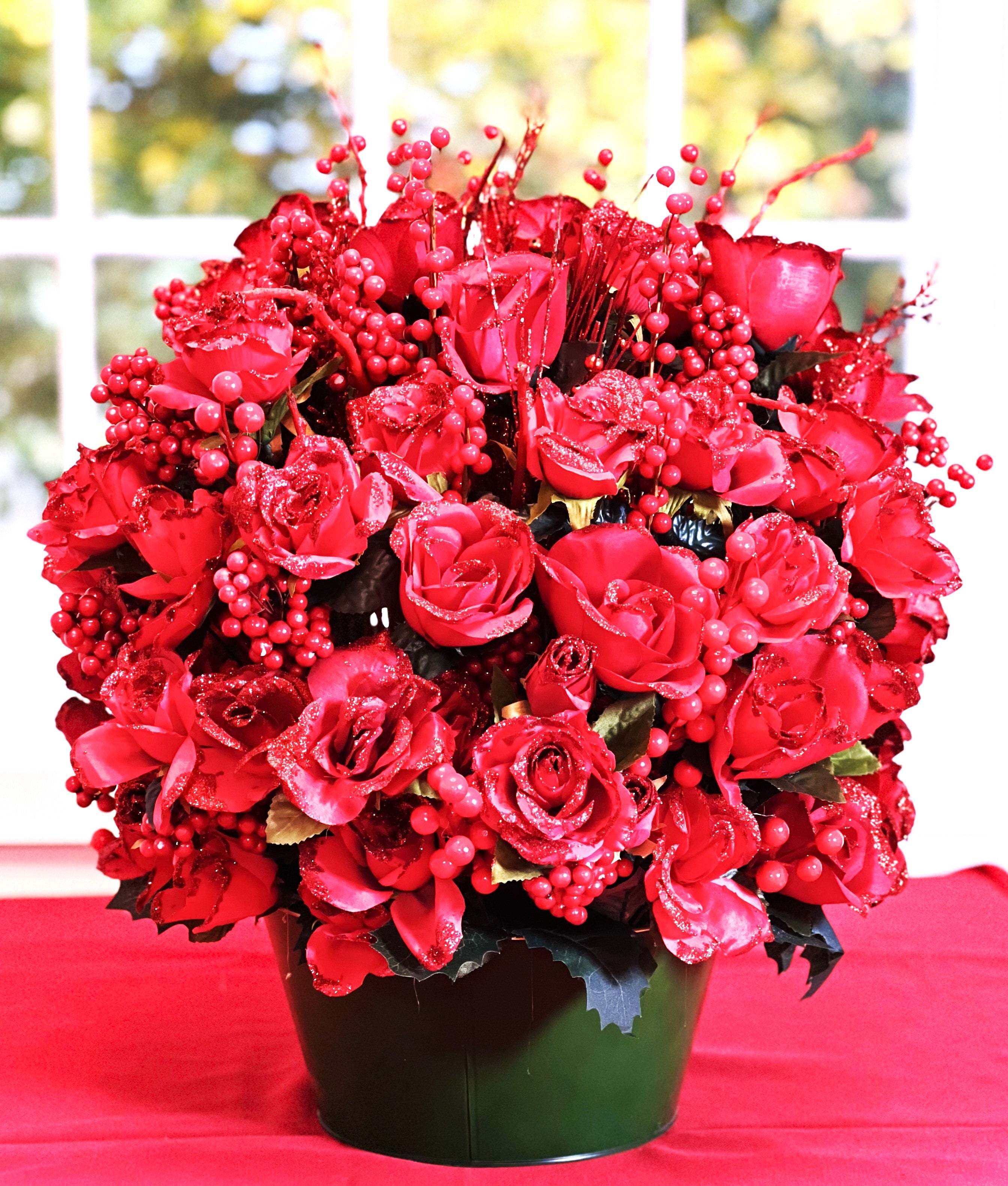 Classic Red Rose Christmas Centerpiece- 24" Long x 18" Wide