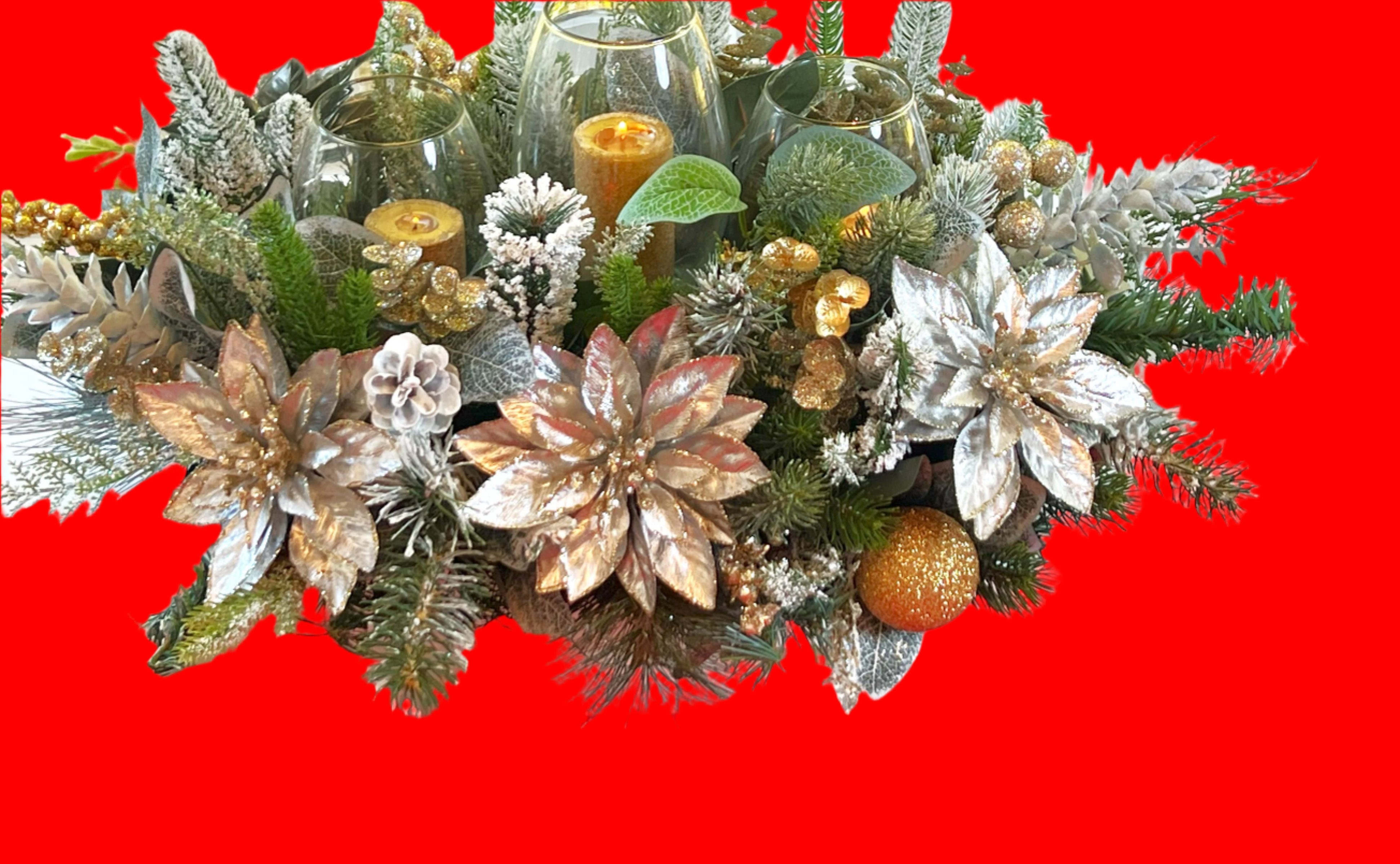 Xmas Centerpiece- Holiday Decor- Silver/Gold 24"Lx15"Wx10"H With Attached Glass Vase