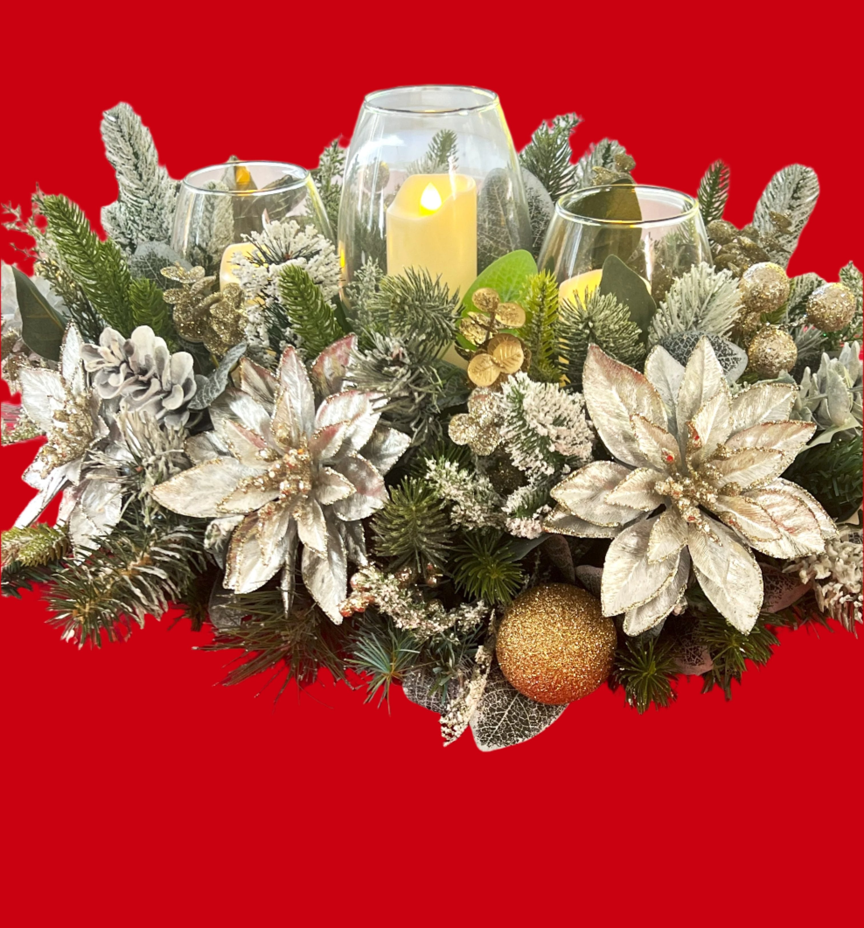 Xmas Centerpiece- Holiday Decor- Silver/Gold 24"Lx15"Wx10"H With Attached Glass Vase