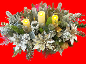 Xmas Centerpiece- Holiday Decor- Silver/Gold 24"Lx15"Wx10"H With Attached Glass Vase