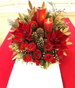 Deck the Halls- Red Christmas- Lux Centerpiece-  Table Home Decor 23"W x20" H