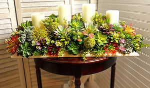 Succulent Centerpiece With 4 Std Candles – 32"L X 15"W X 12"H in a White Wood Base