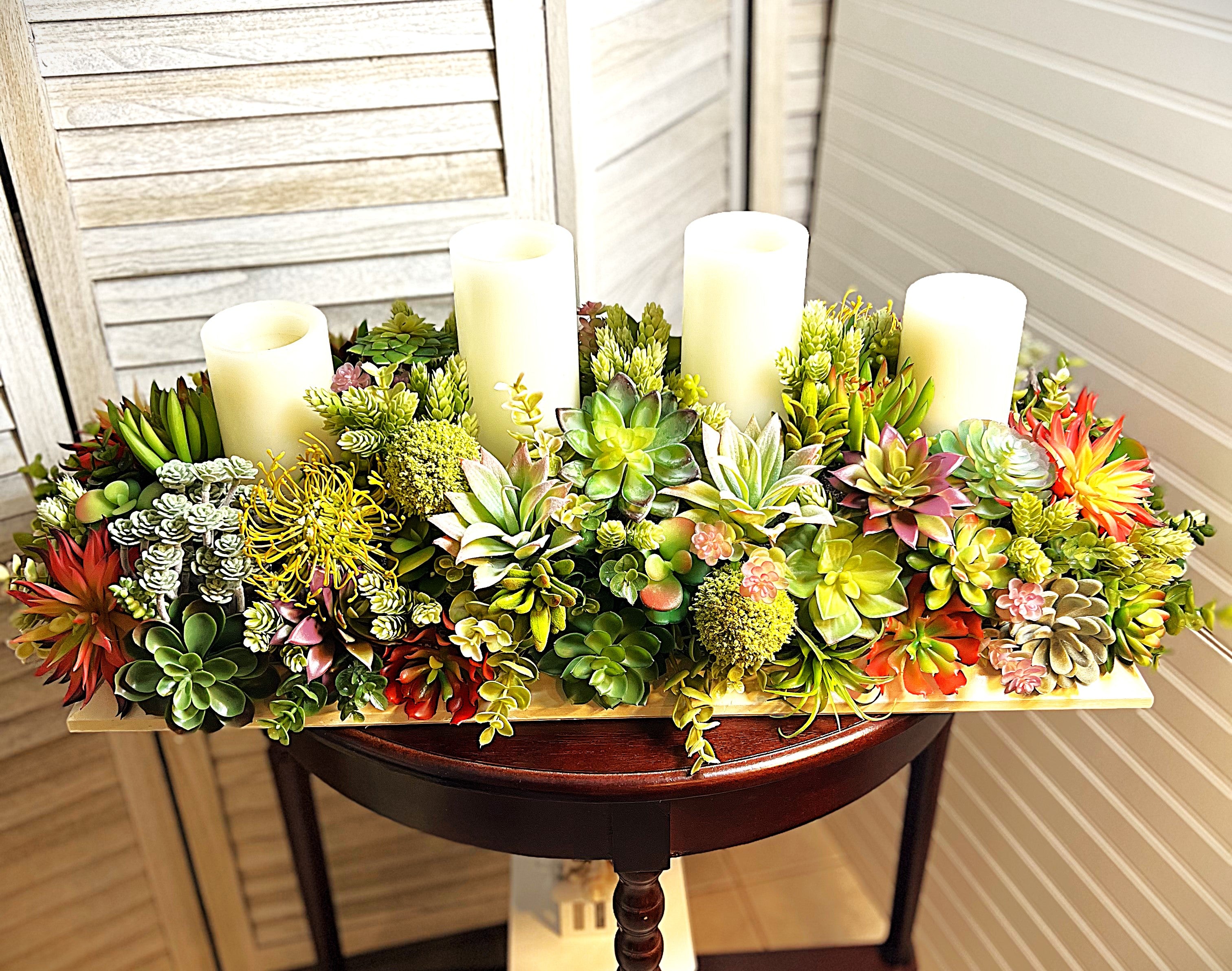 Succulent Centerpiece With 4 Std Candles – 32"L X 15"W X 12"H in a White Wood Base