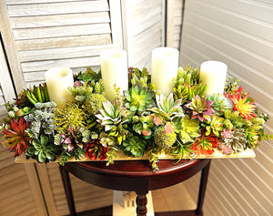 Succulent Centerpiece With 4 Std Candles – 32"L X 15"W X 12"H in a White Wood Base