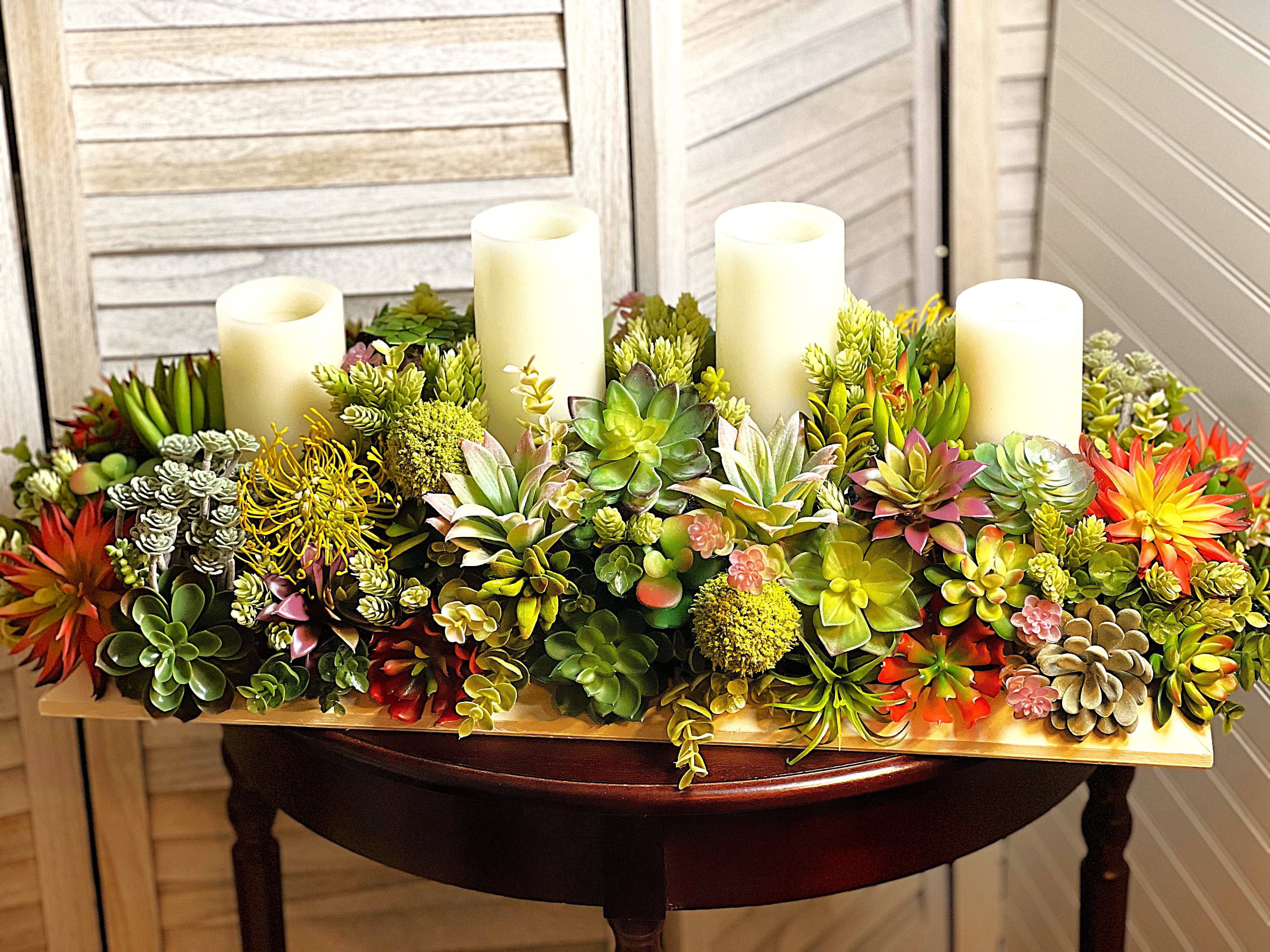 Succulent Centerpiece With 4 Std Candles – 32"L X 15"W X 12"H in a White Wood Base