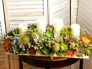 Succulent Centerpiece With 4 Std Candles – 32"L X 15"W X 12"H in a White Wood Base