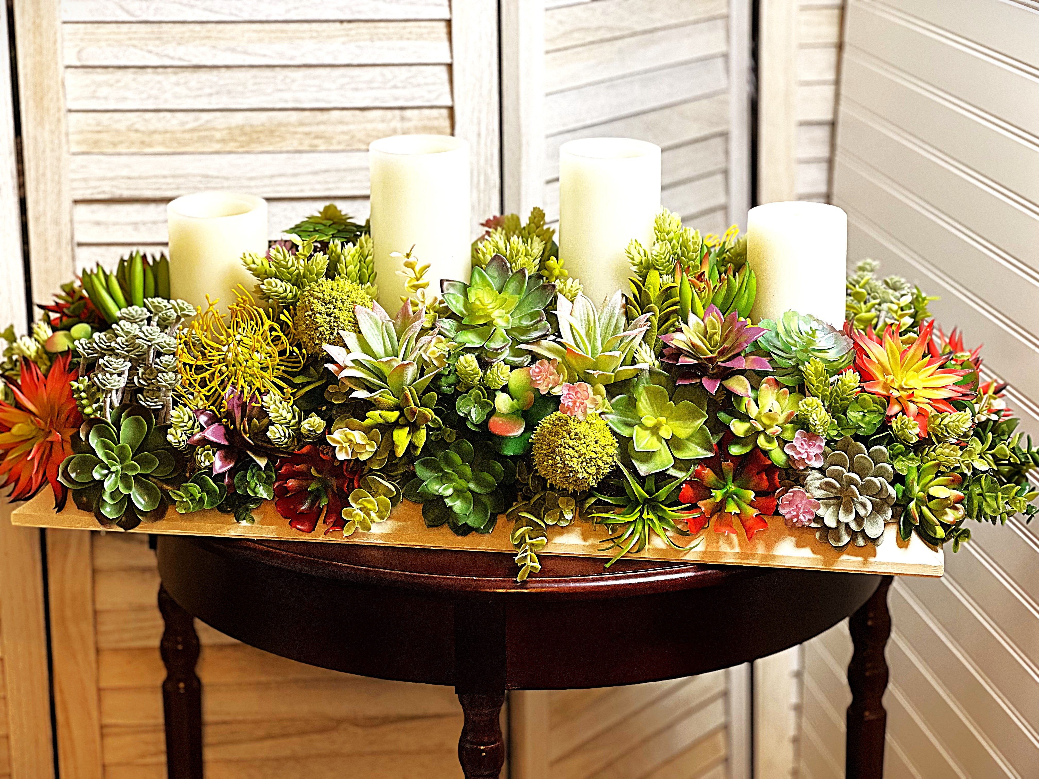 Succulent Centerpiece With 4 Std Candles – 32"L X 15"W X 12"H in a White Wood Base