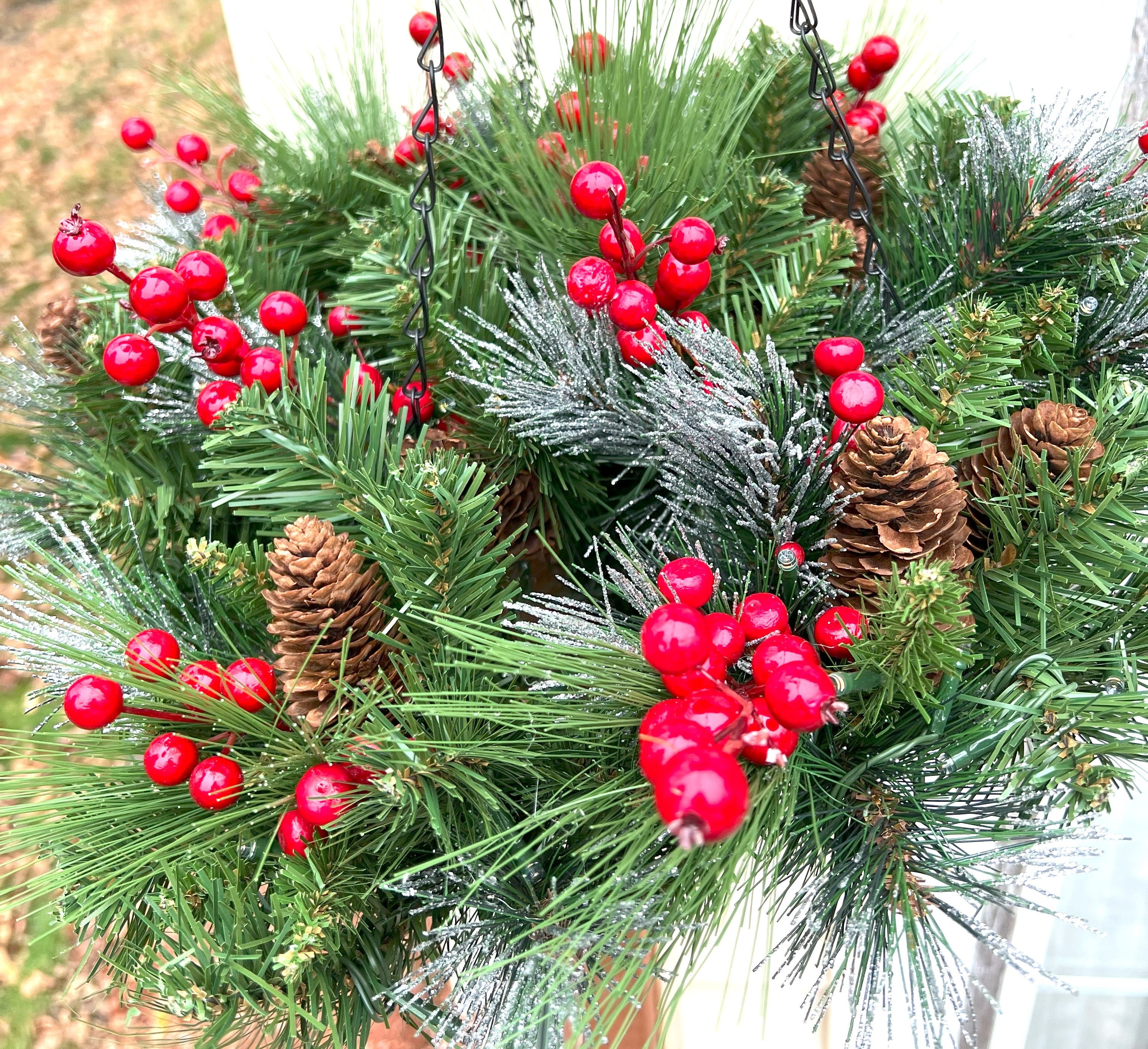 Christmas LED Lights -Berry-Pinecones Hanging Basket,20"W X10" H