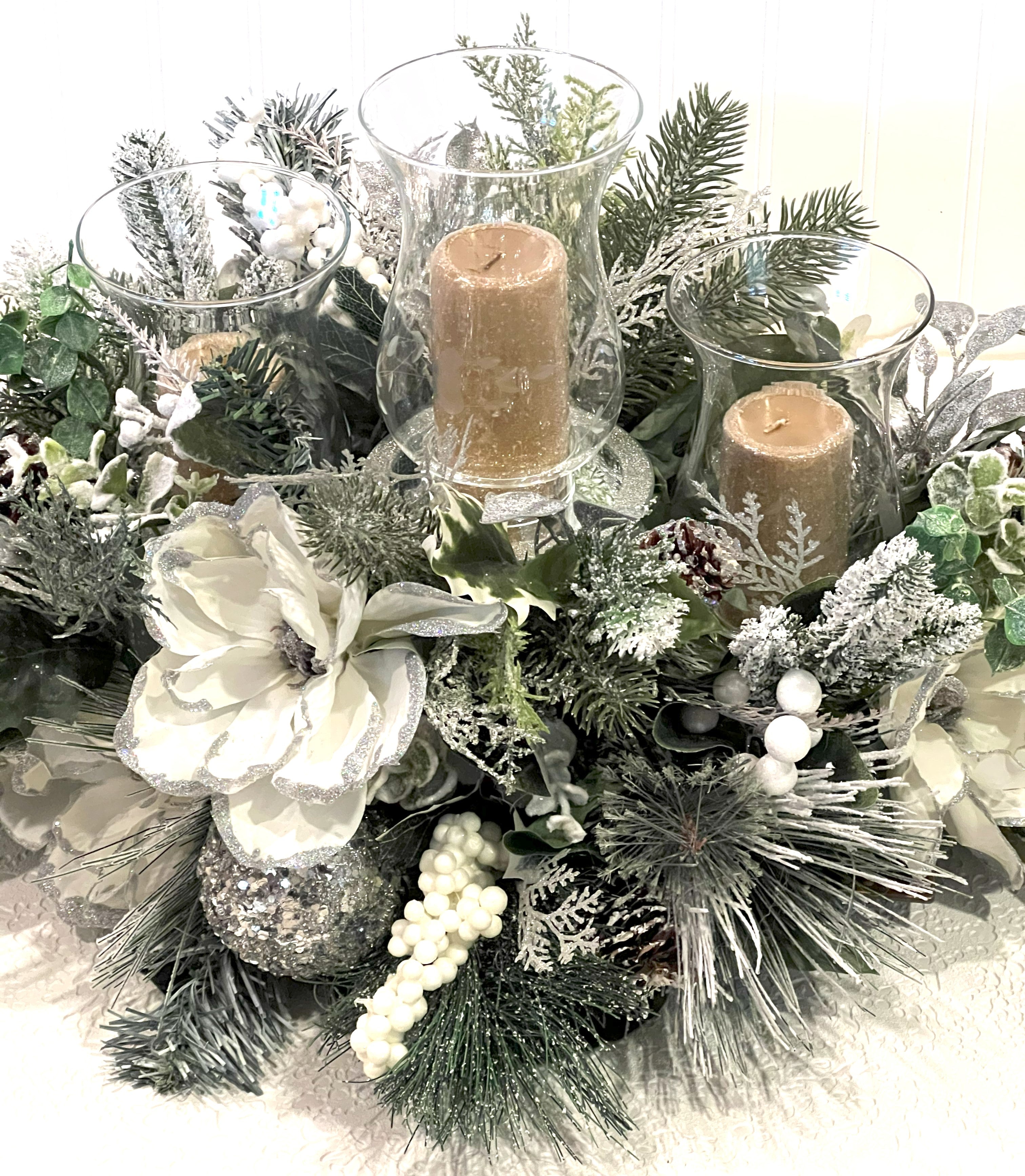 3 Tier-White Christmas Centerpiece- 24"L X18"W X 10"H With Hurricane Glass