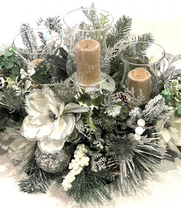 3 Tier-White Christmas Centerpiece- 24"L X18"W X 10"H With Hurricane Glass