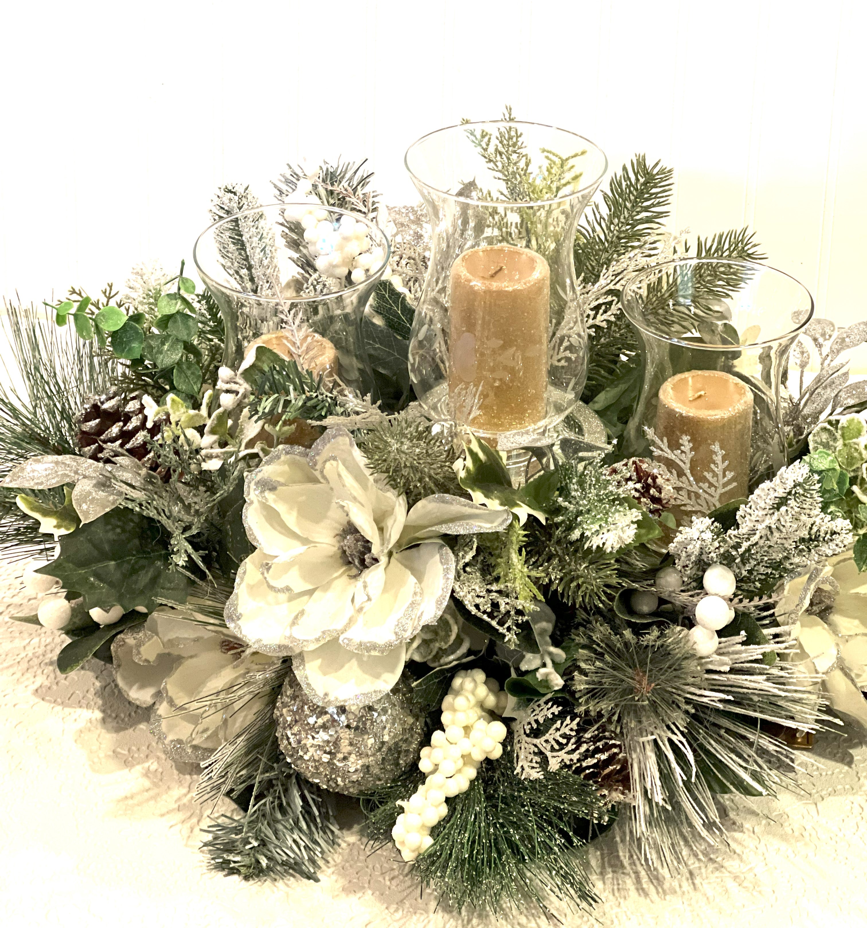 3 Tier-White Christmas Centerpiece- 24"L X18"W X 10"H With Hurricane Glass