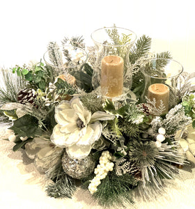 3 Tier-White Christmas Centerpiece- 24"L X18"W X 10"H With Hurricane Glass