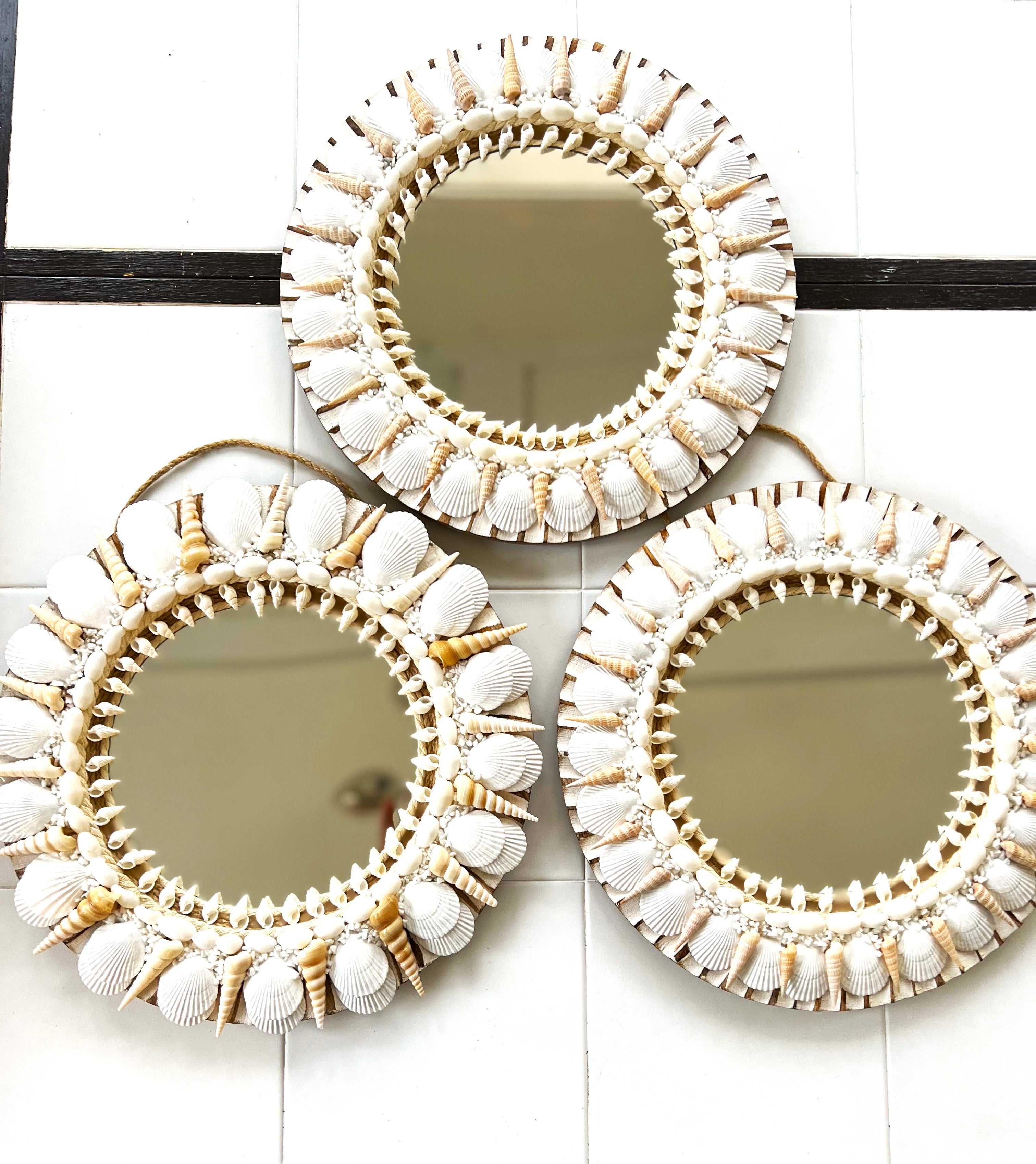 Seashell Mirror, Set of 3- 14 Inch Round With 8 " Mirror