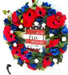 Red Poppy Anemone Wreath 28" Patriotic Wreath, "Land of the Free Because of the Brave"