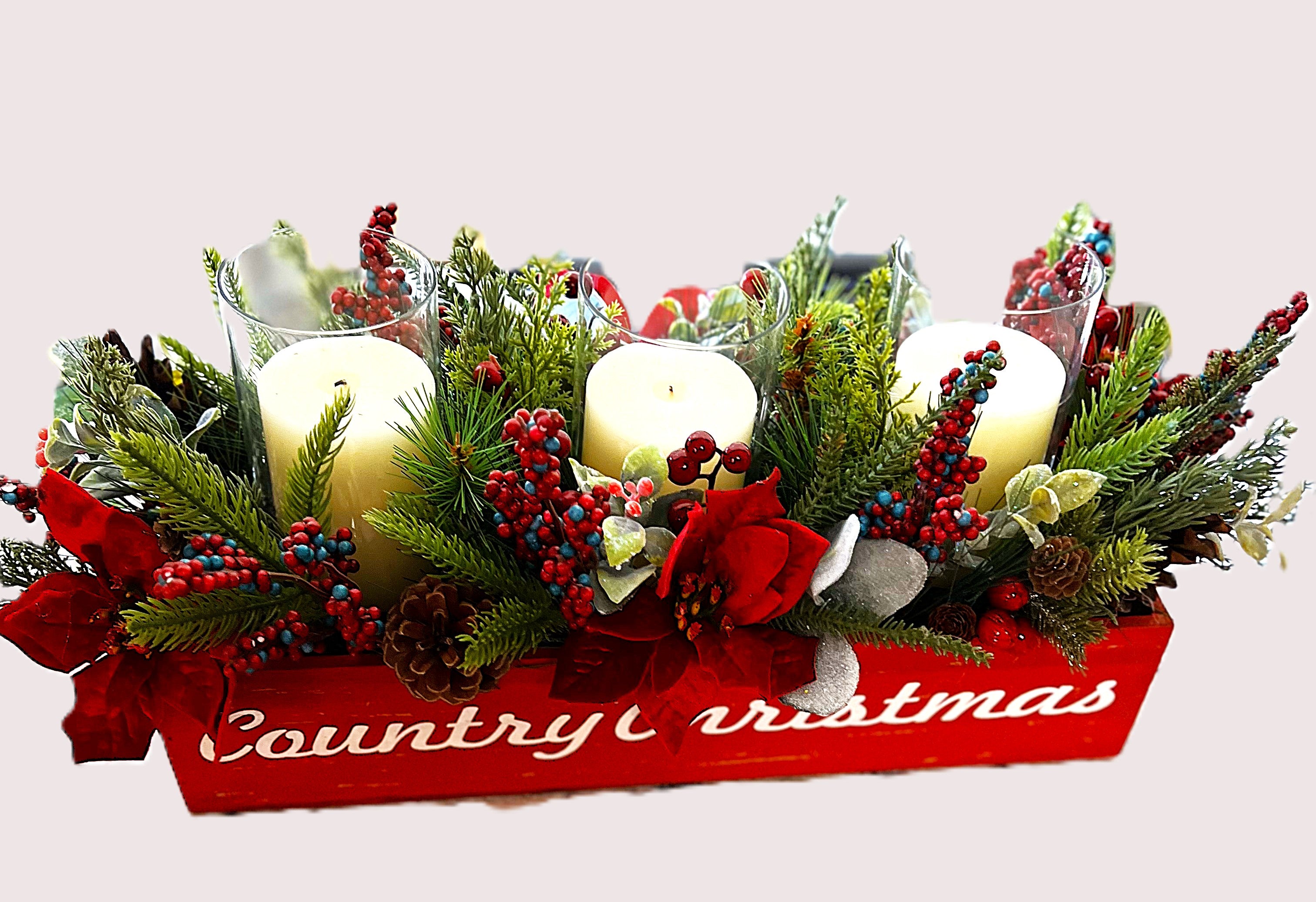 Country Charm Christmas Centerpiece-3 Candle Glass Holder 23" L X 10"