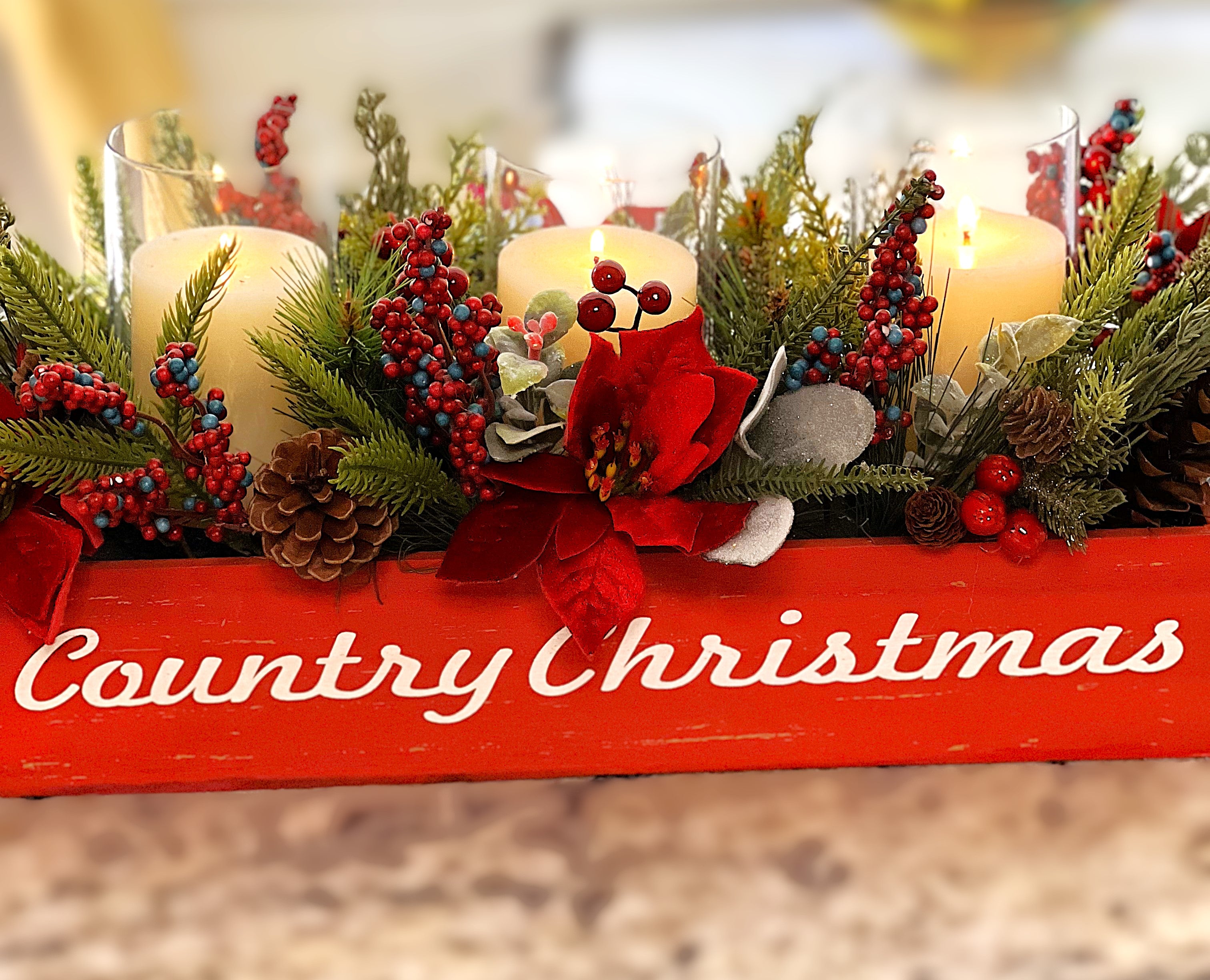 Country Charm Christmas Centerpiece-3 Candle Glass Holder 23" L X 10"