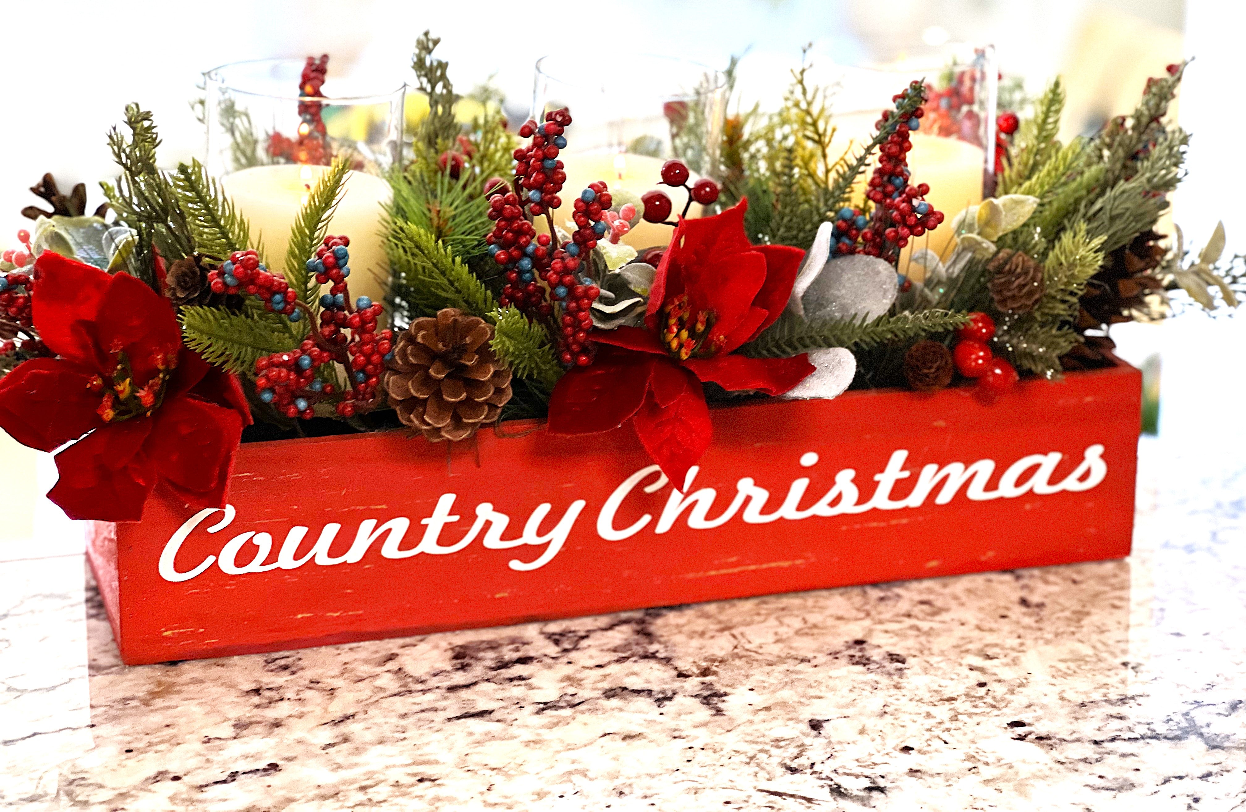 Country Charm Christmas Centerpiece-3 Candle Glass Holder 23" L X 10"