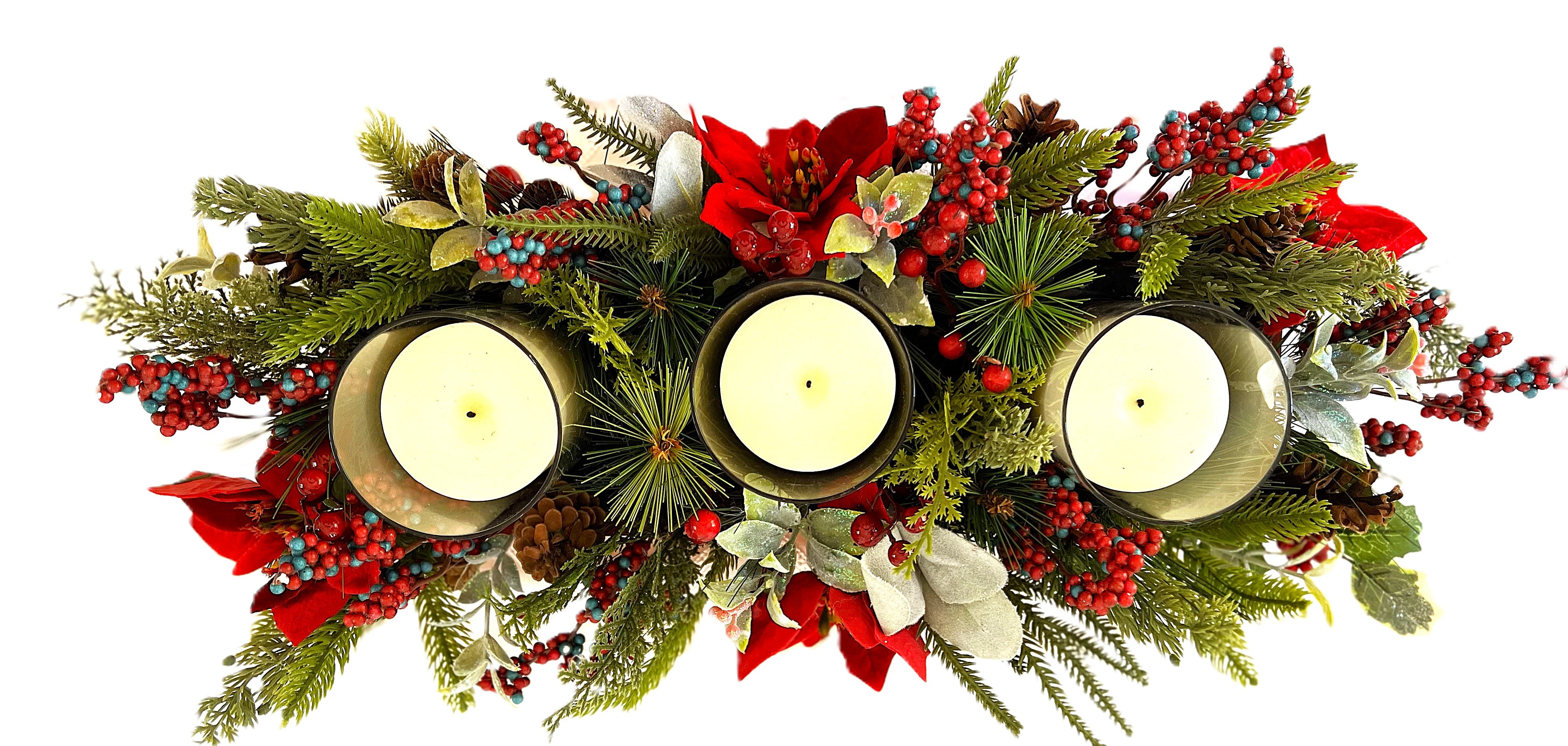 Country Charm Christmas Centerpiece-3 Candle Glass Holder 23" L X 10"