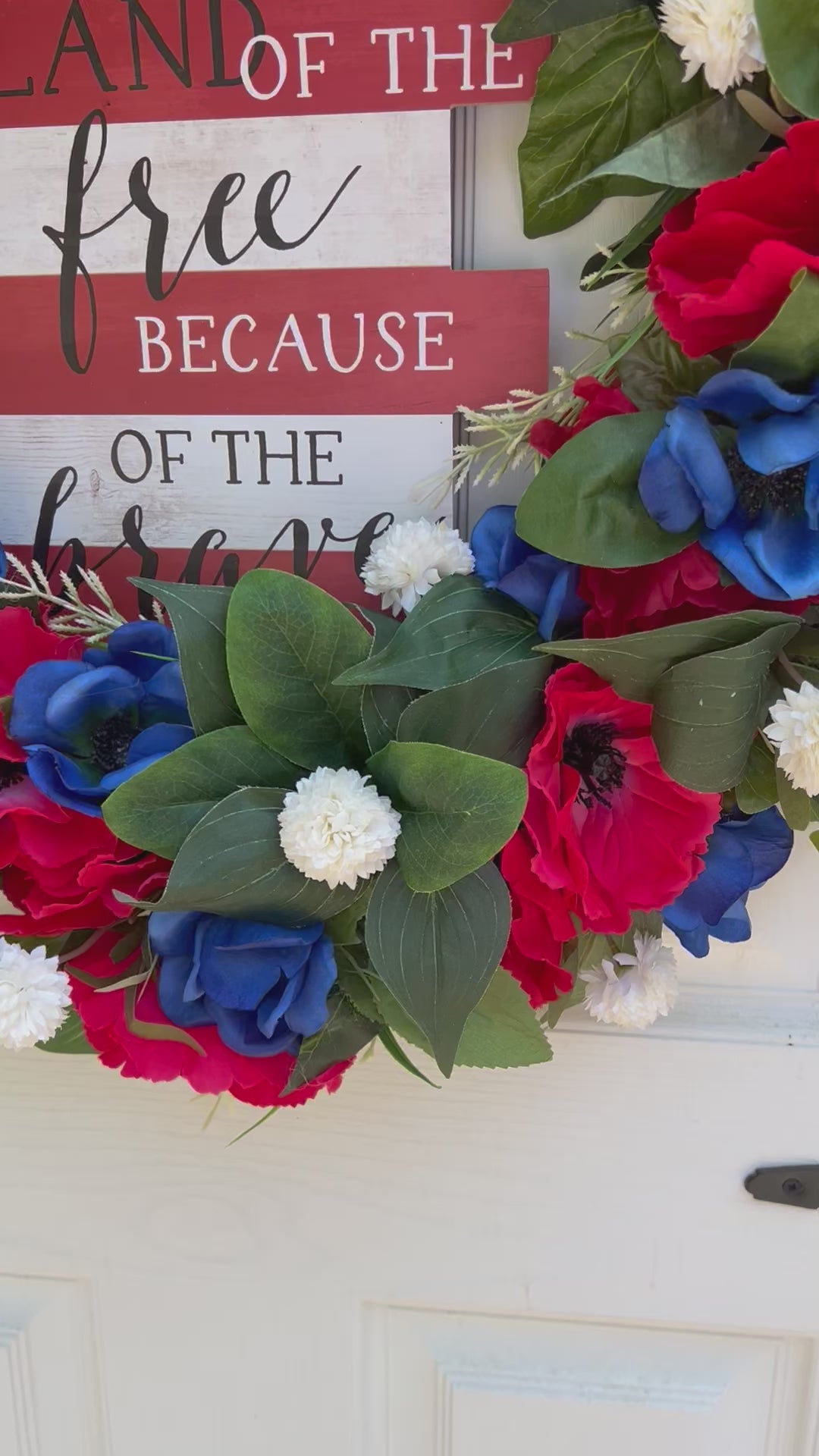 Red Poppy Anemone Wreath 28" Patriotic Wreath, "Land of the Free Because of the Brave"