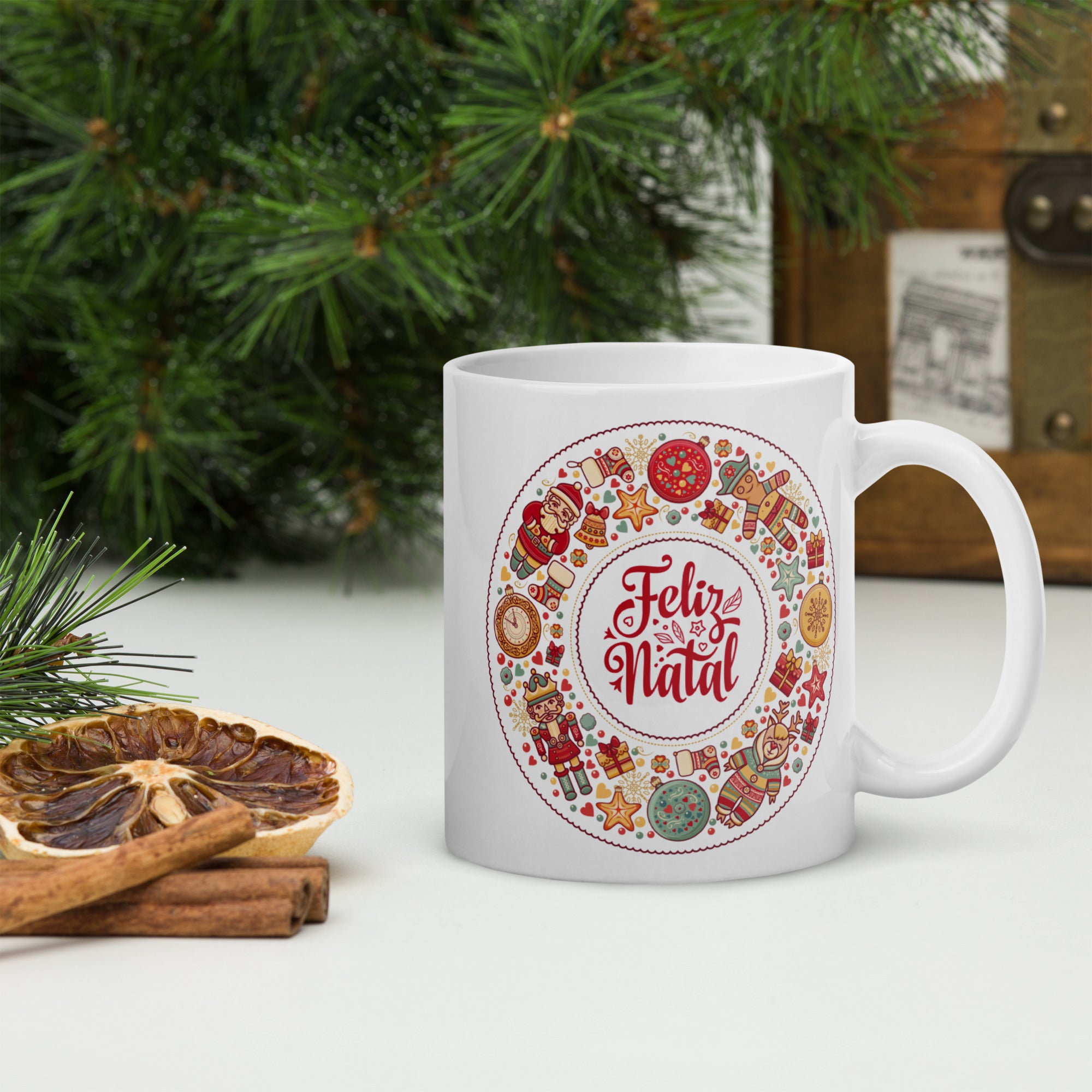 White glossy mug Feliz Natal Coffee Cup, 11,15,20 OZ