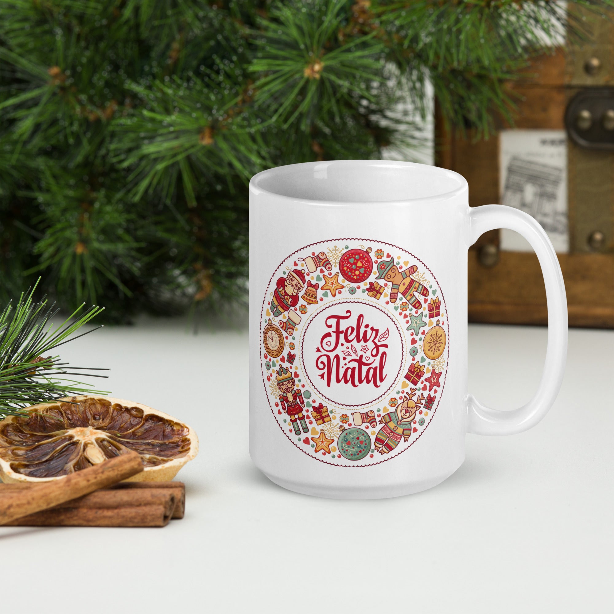 White glossy mug Feliz Natal Coffee Cup, 11,15,20 OZ